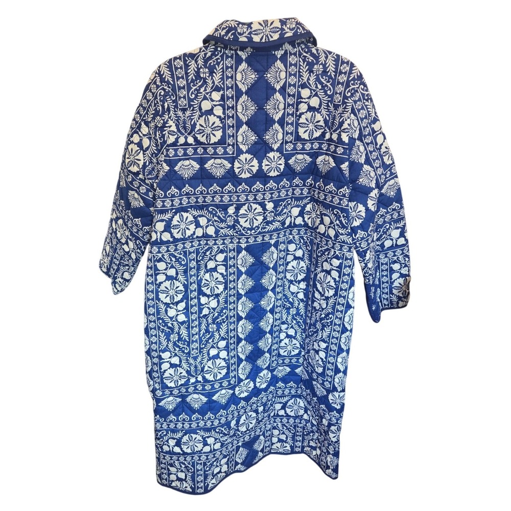 Boden Soft Quilted Longline Coat Collar Pockets Blue White Floral Size 12 Cotton - Picture 2 of 7